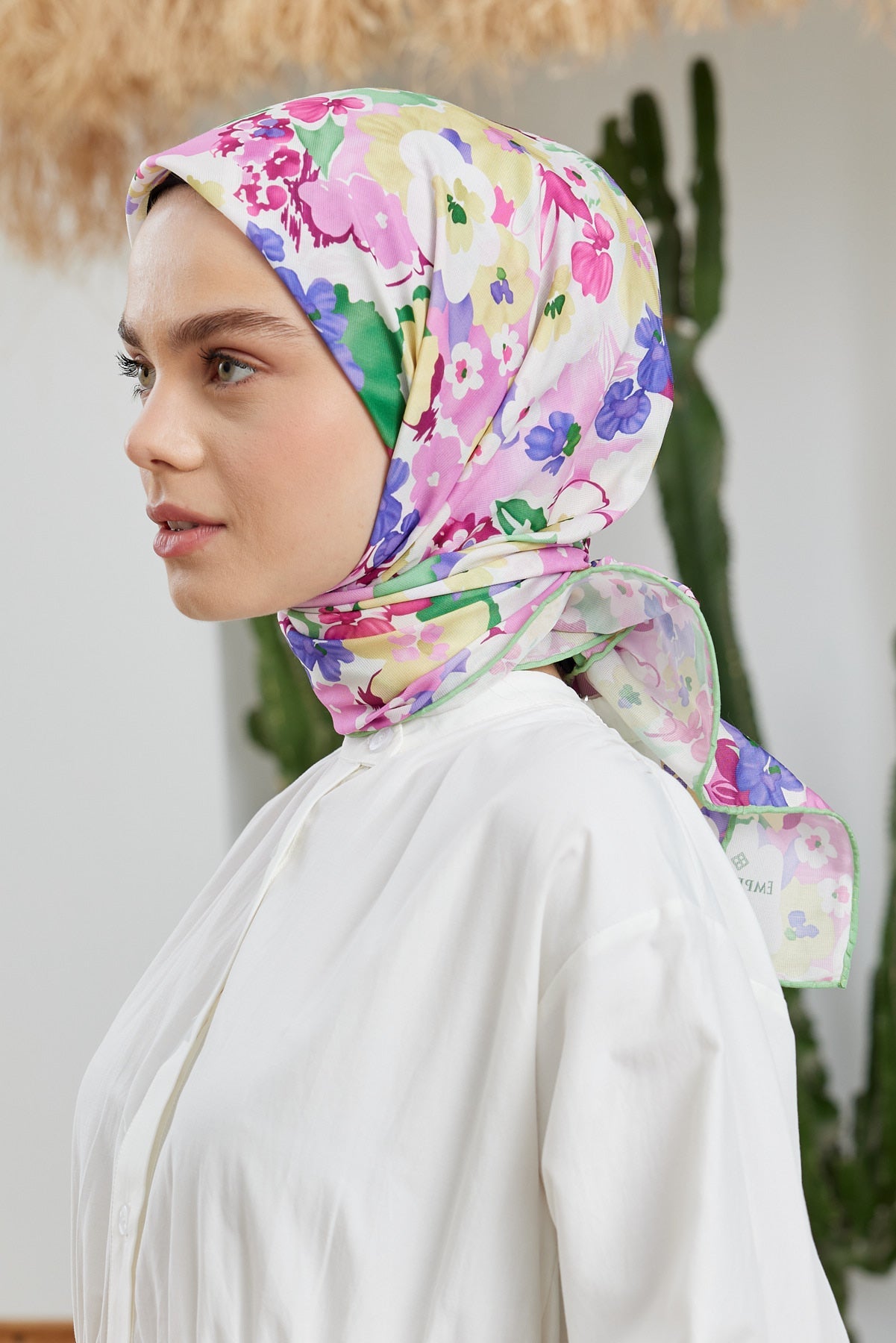 Tesettür Giyim - Pro Line Flower Desen Eşarp - Pembe - Emproyal